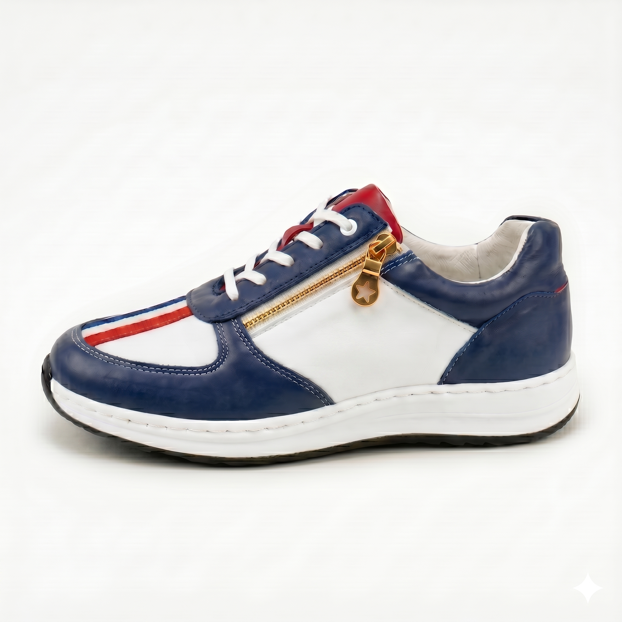 Sneaker femme France EliSola tricolore, vue profil avec zip doré et lacets blancs
